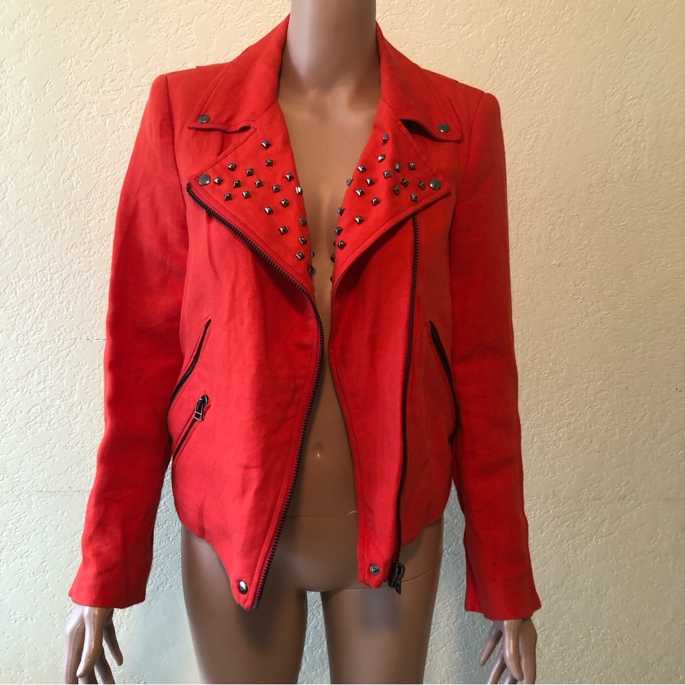 Zara Basic Knit Fabric Studded Red/Orange Biker Moto Jacket Coat Women’s Size M